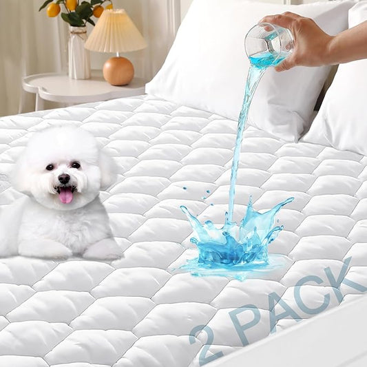 MUXHOMO 2 Pack King Size Mattress Protector, 100% Waterproof Quilted Mattress Cover King Size Bed, Noiseless Soft & Cooling Mattress Pad Cover, Deep Pocket 6"-21", White