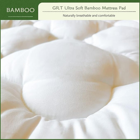 GRT Mattress Pad Cover Rayon from Bamboo Queen Size, Extra Thick Quilted Fitted Mattress Topper with 21 Inches Deep Pocket, Cooling Breathable and Noiseless Mattress Cover