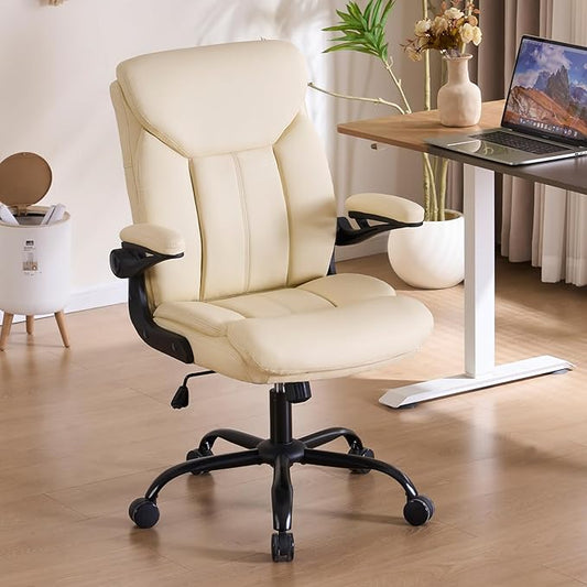 Office Chair, Ergonomic Computer Chair with Flip-up Arms Home Desk Chairs Comfy PU Leather Executive Mid Back Support Adjustable Height Tilt Lock Swivel Rolling Wheels, Beige