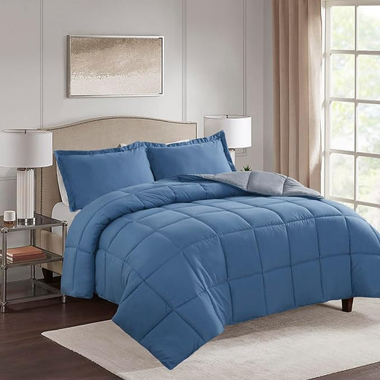 HIG 3pc Dusty Blue Queen Size Comforter Set - All Season Reversible Down Alternative Comforter with Sham - Quilted Duvet Insert with Corner Tabs - Box Stitched Blanket - Breathable, Soft, Fluffy