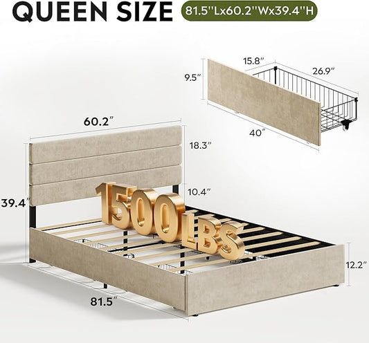 WLIVE Queen Size Upholstered Bed Frame with 4 Storage Drawers and Headboard, Velvet Platform Bedframe, Sturdy Metal & Wooden Slats Support, No Box Spring Needed, Easy Assembly, Beige