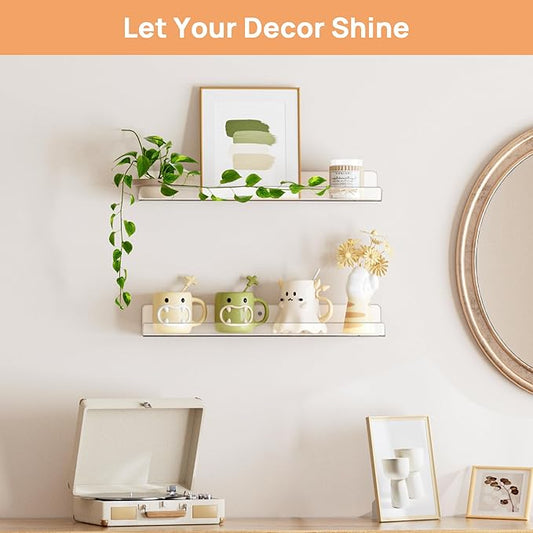 upsimples Acrylic Shelves for Bathroom Storage, 15" Floating Shelves Wall Organizer for Perfume, Make up, Skincare, Kids Bookshelf for Bedroom, Nursery, Living Room Decor, Clear, 2 Pack