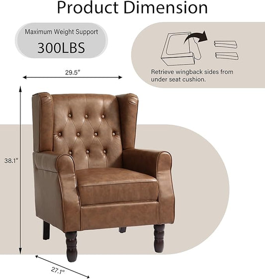 Lumibee High Back Accent Chairs Set of 2,Upholstered Faux Leather Wingback Armchairs with Solid Wood Legs for Small Spaces,Comfy Single Sofa Chairs for Living Room,Bedroom,Office-Brown