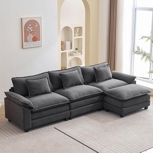 120" Modular Sectional Sofa, Comfy Cloud Couch Sectional Sofa with Ottoman, Velvet Sofa Sleeper Deep Seat Sofa with Throw Pillows for Living Room (Blue Gray, 120"- L Shape)