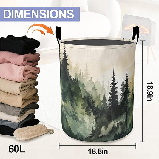 Landscape Pine Forest Laundry Hamper Large Canvas Fabric Lightweight Storage Basket/Dirty Clothes Collapsible Waterproof for College Dorms, Boys and Girls Bedroom,Bathroom