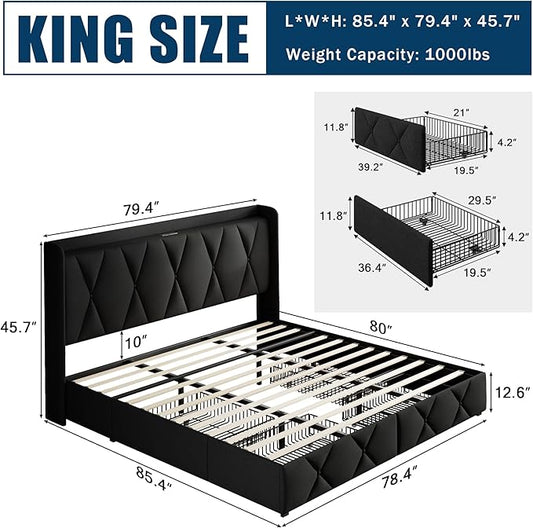 King Bed Frame with 4 Storage Drawers, Upholstered Platform Bed with Charging Station, Modern Wingback Storage Headboard, Easy Assembly,Noise-Free, Black