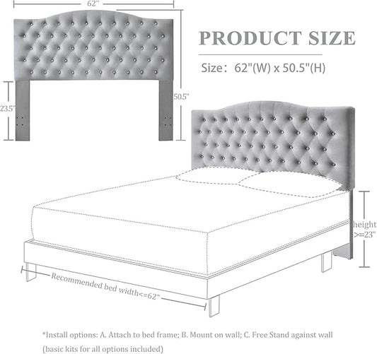 Velvet Upholstered Headboard Queen/Full Size Latest Model Wall Mount, Bed Frame Mount, Featuring High-Density Sponge Padding, Luxury Texture Easy Assembly Comfort and Style-Light Gray