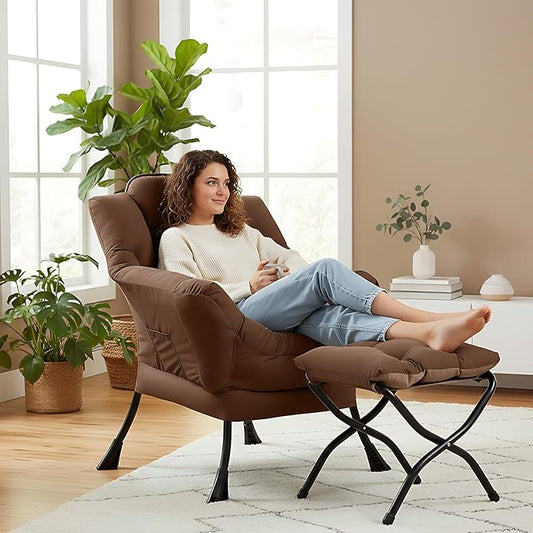 Lazy Chair with Folding Ottoman, Modern Accent Lounge Armchair with Armrests and a Side Pocket & Foldable Footstool, Leisure Reading Chair for Living Room, Bedroom, Dorm & Office, Dark Brown