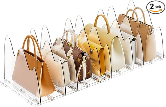 Bag & Purse Organizer for Closet, 2 Pack Adjustable Clear Handbag Storage Holder, Acrylic Shelf Dividers for Closet Organizers and Storage - Keep Carteras & Pocketbook Upright
