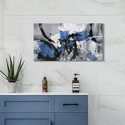 Abstract Canvas Wall Art: Large Wall Art for Living Room, Bedroom & Gray Office Decorations for Work, Framed Artwork - Modern Decor with Blue & Black Paintings