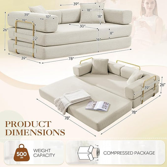 Antetek Convertible Futon Sofa Bed, 3-Seater Modern Corduroy Foam Floor King Size Bed Fold Out Sleeper Lounge Loveseat Sofa Couch with 2 Throw Pillows for Living Room Bedroom Guest Room, Beige