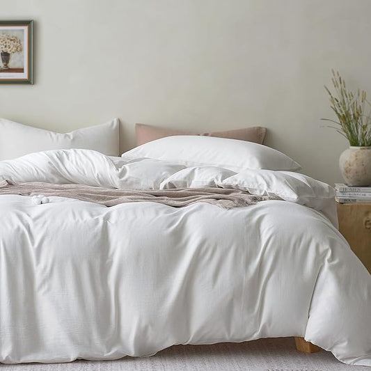 JELLYMONI White Duvet Cover Super Queen Size - 100% Washed Cotton Lightweight Cooling Comforter Cover, 3 Pieces Soft Bedding Set with Zipper Closure (Off White, 98"x90")
