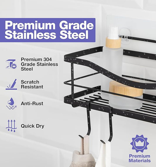 KINCMAX Shower Caddy and Soap Holder Set, Rustproof SUS304 Stainless Steel, Adhesive Wall Mount Double Baskets 2-pack with Hooks (Matte Black)
