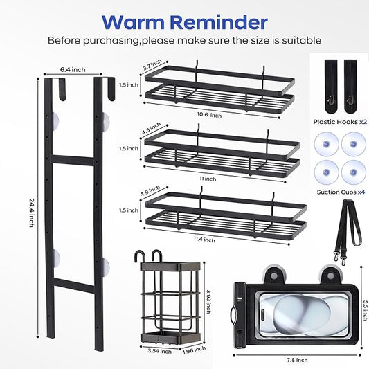 Over the Door Shower Caddy Hanging, Rustproof Shower Shelves with Waterproof Phone Pouch, 3-Tier Adjustable Bathroom Organizers and Storage, No Drilling Shower Shelf, Black Shampoo Soap Holder