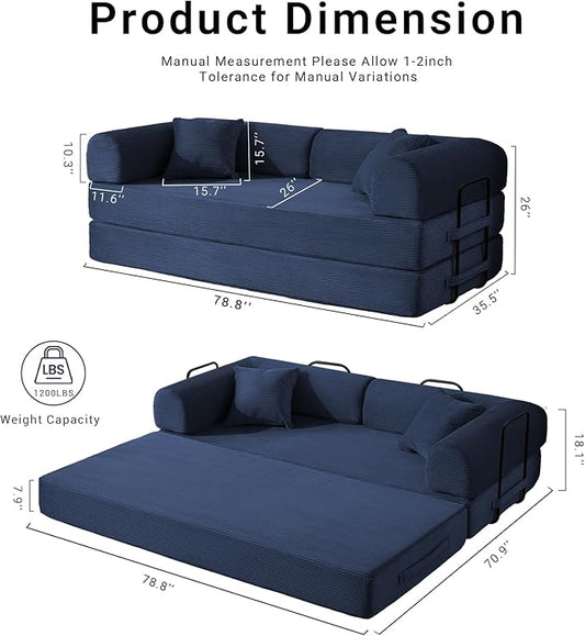 Compressed Sofa, Convertible Sofa Bed, Corduroy Compression Boneless Couch with Pillow, Comfy Modular Foldable Floor Sleeper Sofa for Bedroom, Living Room, Lounge, Studio (Dark Blue)