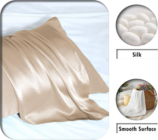 Natural Mulberry Silk Pillowcase for Hair and Skin Queen Size 20"X30" Silk Pillow Case with Hidden Zipper Soft Breathable Smooth Cooling Silk Pillow Covers for Sleeping(Champagne,Queen,1Pcs)