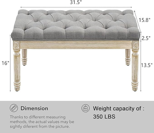 LOULENS French Vintage Bench, Linen Fabric Entryway Bench, Upholstered Tufted End of Bed Bench with Brushed Wood Legs, Grey
