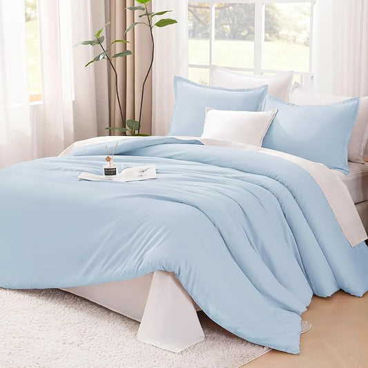 Litanika Comforter Set, Lightweight Solid Bedding Comforter Set, Fluffy Down Alternative Bed Set, Light Blue, California King