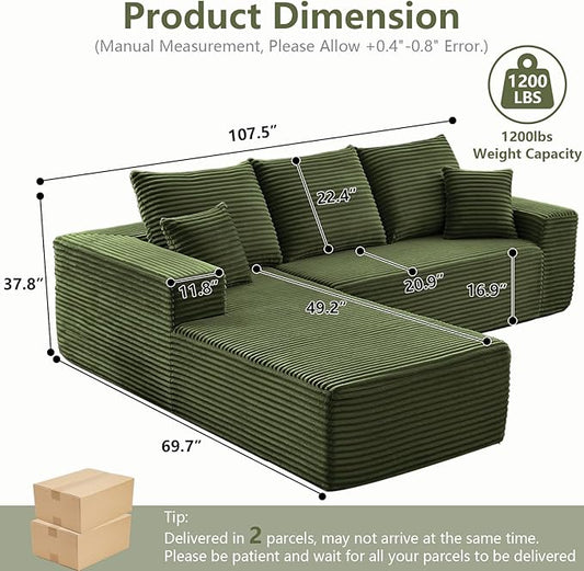 107" Cloud Sectional Couch with L-Shape Chaise, Modern Modular Comfy Sofa with Deep Seat, Upholstered Corduroy Couches Sleeper Chaise Longue for Living Room Bedroom, No Assembly Required, Green