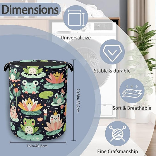 Funny Frog Laundry Basket,Foldable Oxford Cloth Tote Bag Laundry Hamper Clothes Storage Bucket Organizer for Bedroom Laundry Storage Dormitories 16" x 20.8"