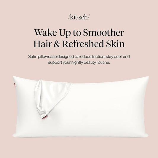 Kitsch Satin Pillowcase, Softer Than Silk Pillow Cases King, Cooling Pillow Covers, Satin Pillowcase with Zipper for Hair, Skin & Quality Sleep, Wrinkle-Free & Smooth, King Size 19"x36", Ivory