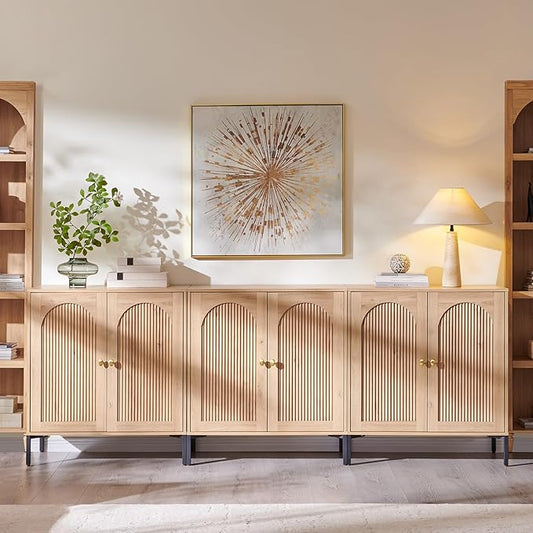 Bathroom Cabinet with Storage, 92.63" W Fluted Arched Free Standing Floor Cabinet w/Adjustable Shelves, Modern Sideboard Cabinet for Bathroom, Kitchen, Living Room, Entryway, Natural