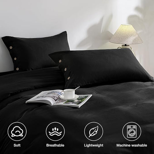 JELLYMONI Pillowcases Standard Set of 2 Cotton Button Pillow Covers 20×26in Pure Black Bed Pillow Cases 100% Washed Cotton Soft Breathable (Pillows are not Included)
