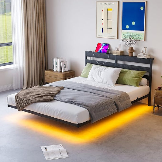 Floating Bed Frame Queen Size with USB Charging Station, LED Bed Frame with Storage Headboard, Black Metal Platform Bed Queen Size, No Box Spring Needed, Noise Free, Easy to Assemble