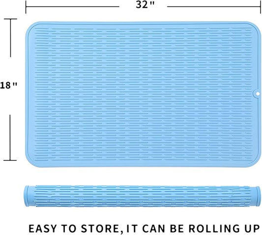 Silicone Dish Drying Mat for Multiple Usage,Easy clean,Eco-friendly,Heat-resistant Silicone Mat for Kitchen Counter or Sink,Refrigerator or Drawer Liner Light Blue 4XL 32 inches x 18 inches