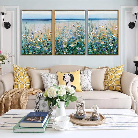 Extra Large Blue Floral Wall Art Framed Artwork for Living Room Bedroom Bathroom Blue Flowers Bloom Painting by The Seaside 24x36 Inches Set of 3