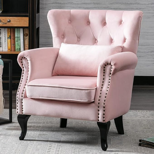 Set of 2 Mid Century Modern Accent Chair for Living Room, Velvet Armchair with Tufted Back and Wood Legs, Upholstered Lounge Armchair Single Sofa for Bedroom, Light Pink