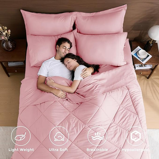 HEVUMYI Pink Full Comforter Set - 7-Piece All Season Bed in a Bag Full, Ultra Soft Bedding Set with Comforter, Flat Sheet, Fitted Sheet, Pillowcases, Pillow Shams, Pink