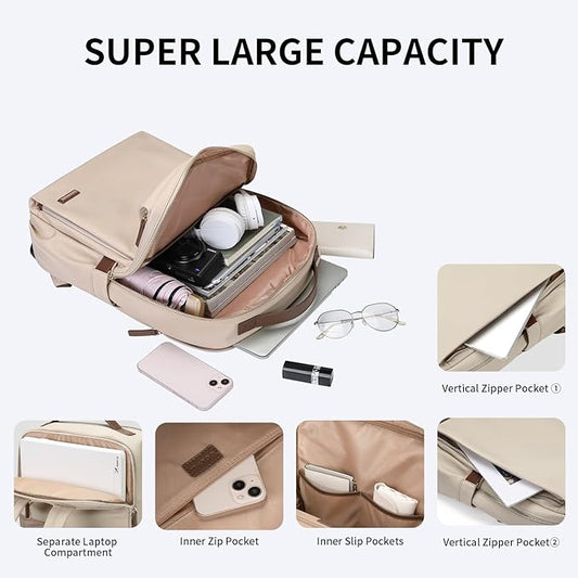 GOLF SUPAGS Stylish Laptop Backpack for Women Airline Approved Perfect for Work College and Travel Multi-Functional Casual Daypack Fits 14 Inch Notebook (Apricot)