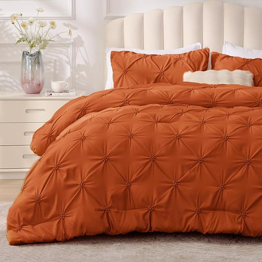 BEDELITE Burnt Orange Twin Comforter Set - 2 Peices Boho Pintuck Bedding Comforter Sets, Lightweight Soft & Warm Twin Bedding Sets with 1 Pillowcase for All Season