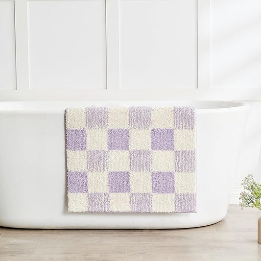 CozeCube Bath mats for Bathroom Non Slip, Fluffy Absorbent Microfiber Bath mat Washable, Aesthetic Bathroom Rugs, Long Purple Checkered Bath mat, Lavender, 47" x 24"