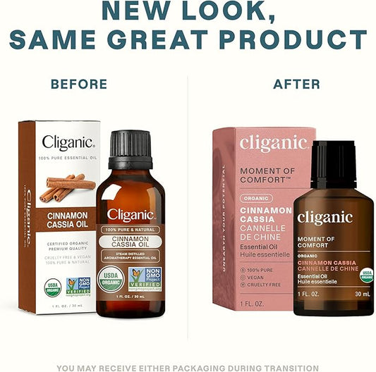 Cliganic Organic Cinnamon Cassia Essential Oil, 1oz - 100% Pure Natural Undiluted, for Aromatherapy | Non-GMO Verified (Packaging May Vary)