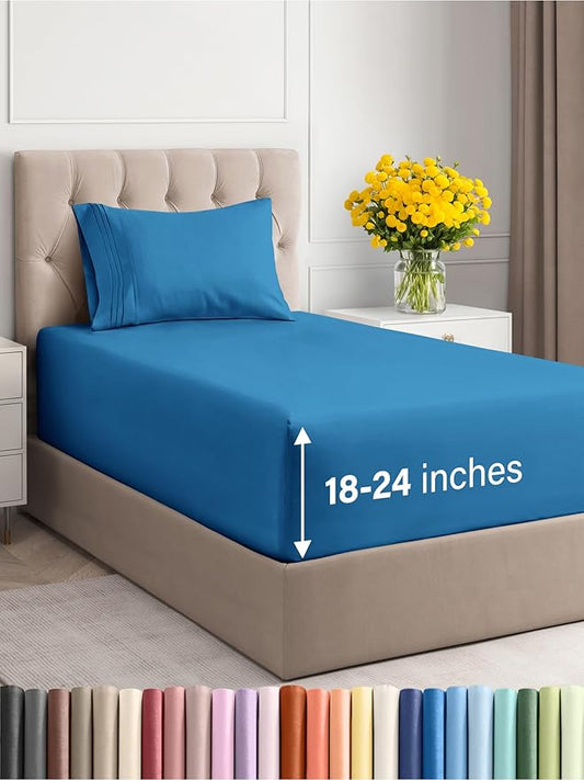Extra Deep Pocket Twin Sheets - 3 Piece Breathable & Cooling Bed Sheets - Hotel Luxury Bed Sheet Set - Soft, Wrinkle Free & Comfy - Easily Fits Extra Deep Mattresses - Deep Pocket Denim Blue Sheets