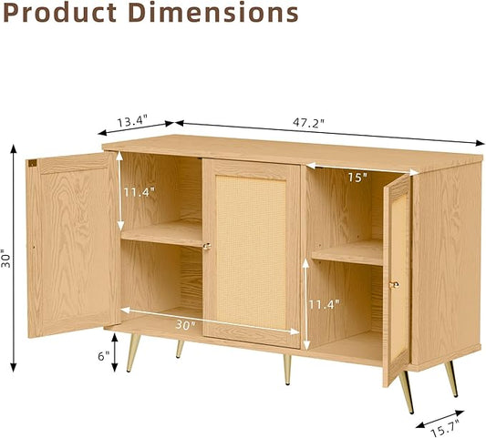 JAMFLY Buffet Cabinet with Set of 2 Storage, Kitchen Storage with 3 Rattan Decorated Doors, Accent Cabinet Sideboard for Dining Room, Living Room, Entryway, Hallway, Natural