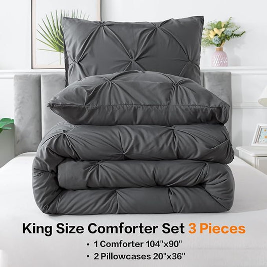 Andency Dark Grey King Size Comforter Set, 3 Piece Gray Pinch Pleat Fluffy Lightweight Bedding Set, All Season Soft Microfiber Bed Set