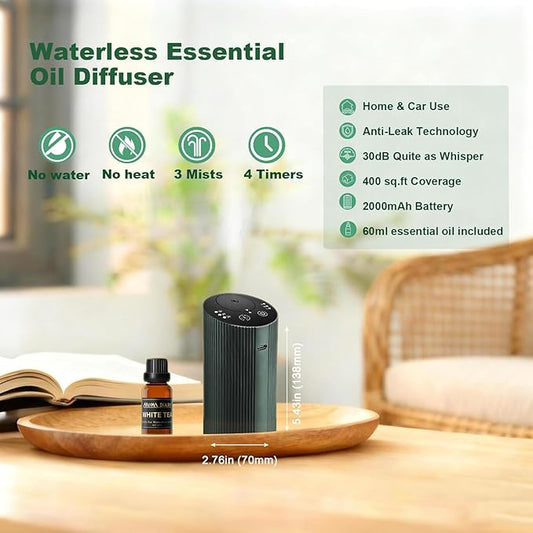 Waterless Essential Oil Diffuser Starter Kit with 3 x 20mL Essential Oil, Rechargeable Scent Diffuser for Home Car Bathroom, 3 Mist & 4 Timer, Portable Small Aromatherapy Diffuser Machine, DarkGreen