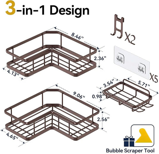 YASONIC Shower Caddy Corner, 3-Pack Adhesive Rustproof Stainless Steel Shower Shelves with Soap Holder, No Drilling Shower Organizer Corner for Dorm, Renters Bathroom, Bronze