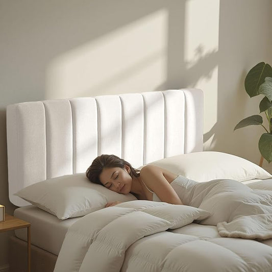 Hearth & Harbor Upholstered Full Headboard - Easy Assemble Channel Stitched Headboard Full Size - Wall Mounted Headboards with 3D Soundproof Wall Panels Peel & Stick Floating Headboards, Off White