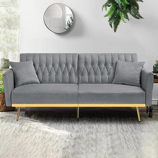 70” Velvet Futon Sofa Bed with 2 Pillows and Adjustable Armrests, Convertible Sleeper Bed W/Adjustable Backrests, Modern Loveseat for Living Room, Bedroom, Light Grey