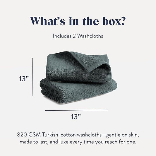 Brooklinen Super-Plush Turkish Cotton Washcloths - Set of 2 - Cotton, 820 GSM, Highly Absorbent, Machine Washable, Perfect for Home & Bathroom (13" x 13", Slate Grey)