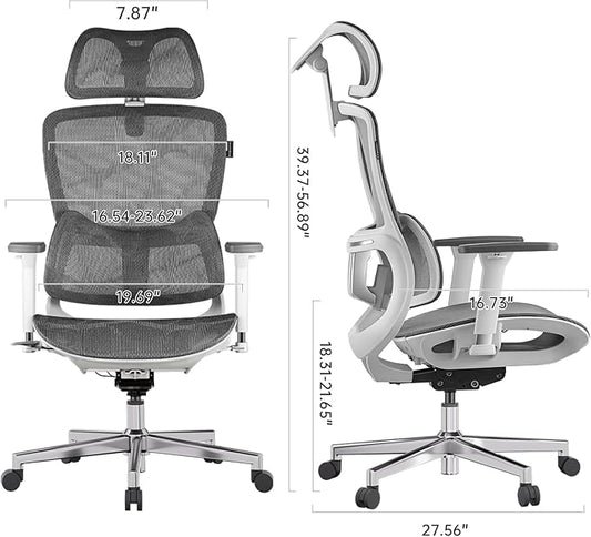 Hbada E2 Ergonomic Office Chair, Big and Tall Mesh Office Chair with 6-Way Dynamic Lumbar Support, 3D Adjustable Armrests, 3D Adjustable Headrest, High Back for Gaming Chair, White(No Footrest)