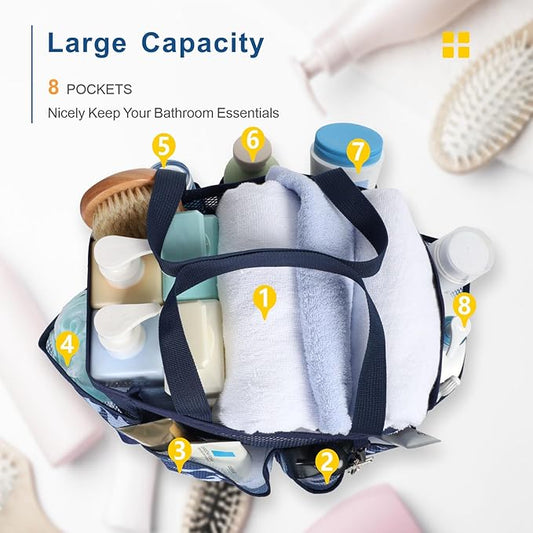 F-color Shower Caddy Portable - Mesh Shower Bag Basket Tote for College Dorm Room Essentials Bathroom Gym Camp Quick Dry for Women Men with S Hook, Dark Blue Camouflage