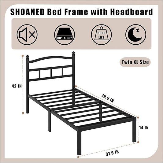 Metal Bed Frame with Headboard - 14 Inch Twin XL Size Heavy Duty Bedframe Black Basic Steel Slats Platform No Box Spring Needed/Easy Assembly/Noise Free