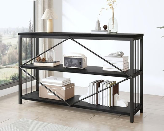 IBF Low Horizontal Book Shelf, Industrial Modern 3 Tier Bookshelf, Farmhouse Short Open Storage Organizer Long Shelf, Simple Wide Wood Metal Sturdy Etagere for Bedroom Living Room, Black Oak, 47 in