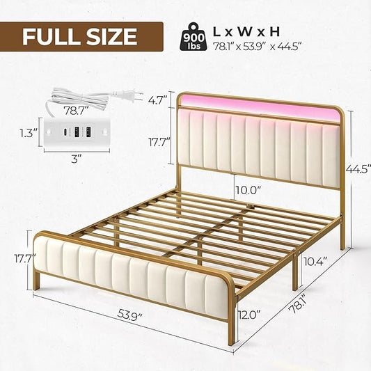 Rolanstar Full Size Bed Frame with LED Light and Charging Station, Upholstered Headboard and Footboard, Metal Slat, Noise Free, Easy Assembly, Golden
