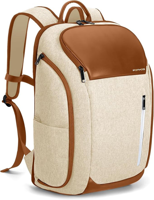 17 Inch Laptop Backpack for Men, Business Travel Anti-Theft Backpack with USB Charging Port, Water Resistant Computer Bag Carry On Flight Approved for Work College Weekender, Beige